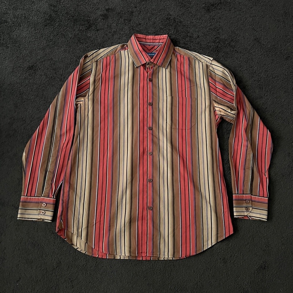 Tommy‎ Bahama Shirt Mens Medium Long Sleeve Striped Red Brown Cotton Silk Blend